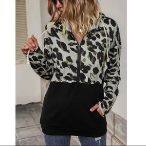 Colorblock camo and black half zip hoodie